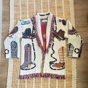 Rare Vintage Cowboy Boot Blanket Coat w/ Fringe – Western Tapestry Jacket